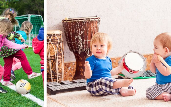 kids playing soccer and playing with musical instruments