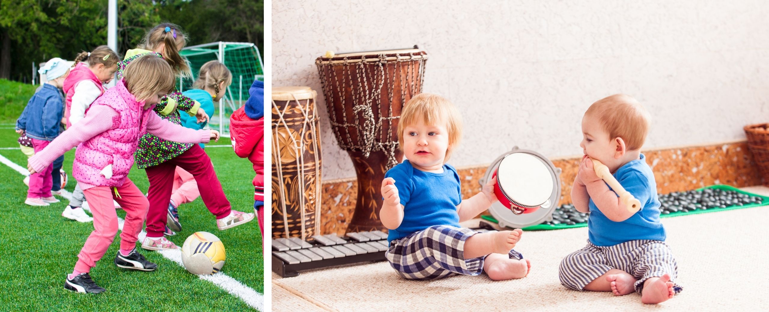 kids playing soccer and playing with musical instruments